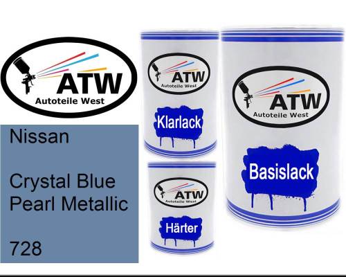 Nissan, Crystal Blue Pearl Metallic, 728: 500ml Lackdose + 500ml Klarlack + 250ml Härter - Set, von ATW Autoteile West.